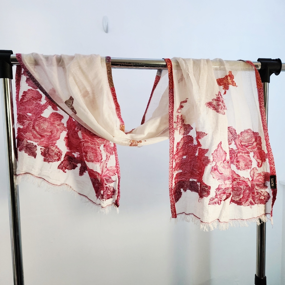Saachi Floral Scarf with Red Accents Cotton/Flax